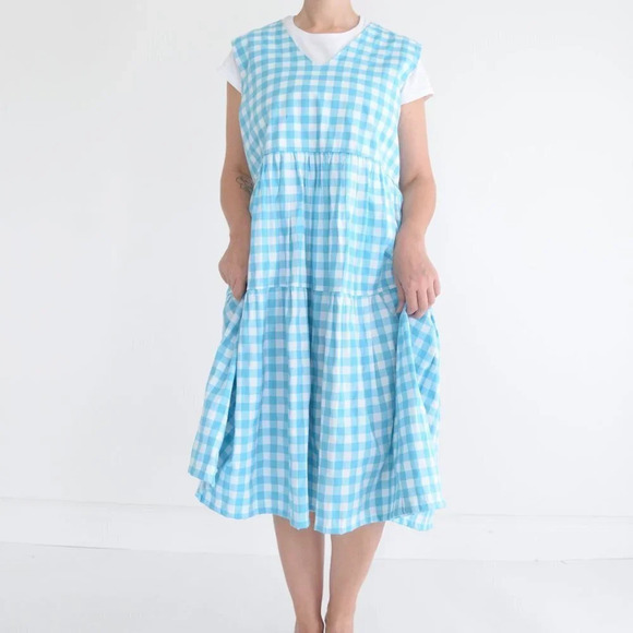 Blue  and White Gingham V-Neck Sleeveless Maxi Dress - Picture 2 of 14